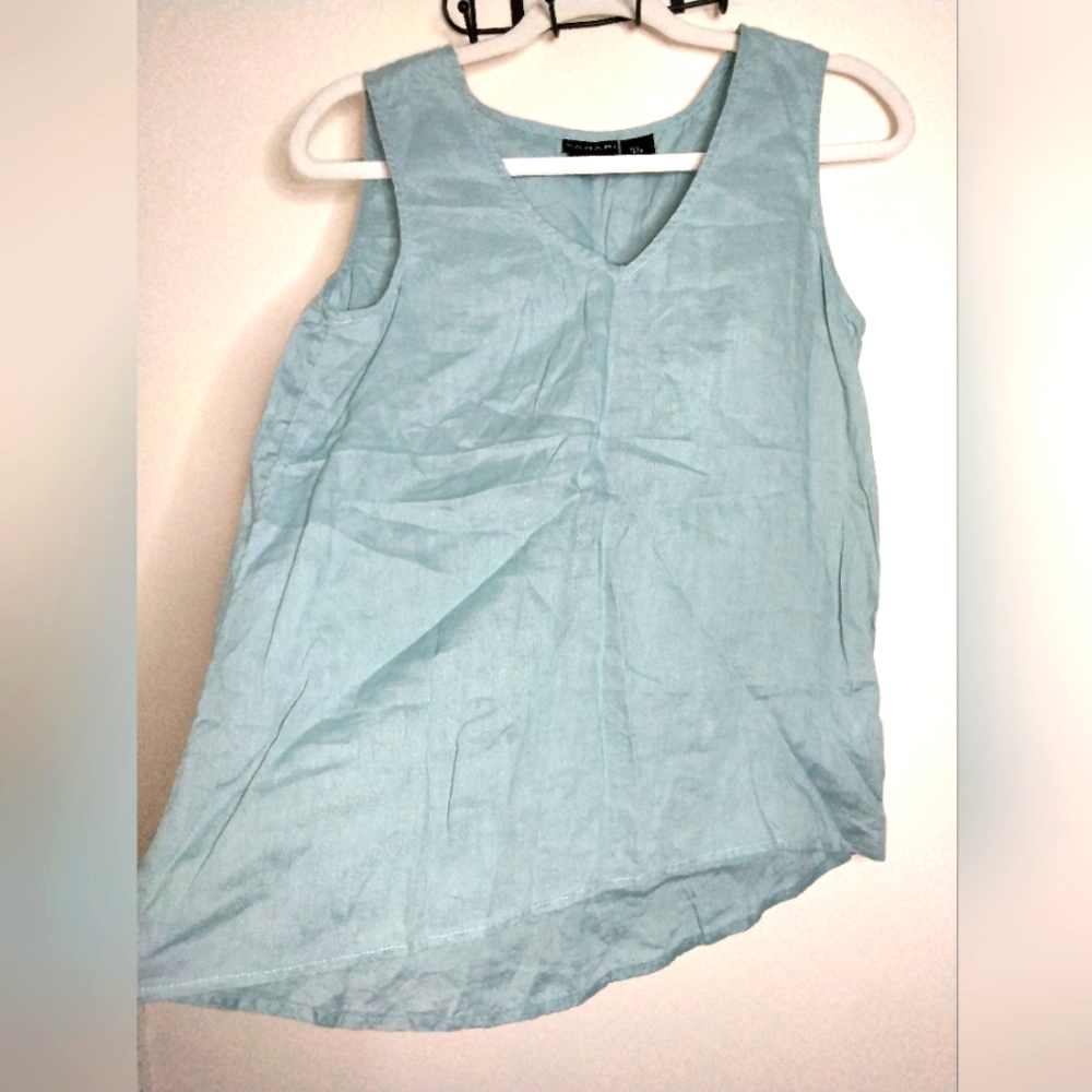 Tahari (Size S) Light Blue 100% Linen V-Neck Sleeveless Tunic Tank Blouse